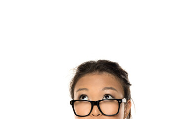 Upper half of woman with glasses looking up, studio shot on white background, conceptual with empty...