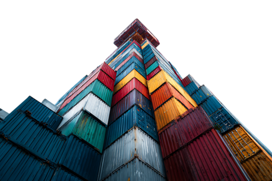 High angle view of colorful stacked cargo containers.