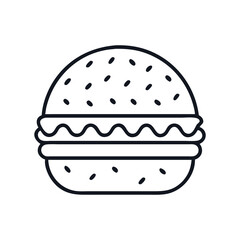 Minimalist black and white line art depiction of a delicious hamburger, burger with sesame seeds icon vector illustration