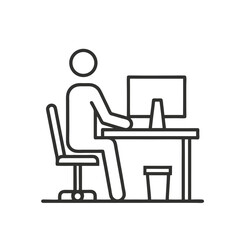 Stay at home icon, man working on computer, line art icon representing a person working at a computer or office work