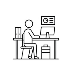 Work from home line icon, stay at home icon, man working on computer, line art icon representing a person working at a computer or office work