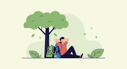 Tranquil Hiker Relaxing Beneath Shaded Tree After Adventurous Journey