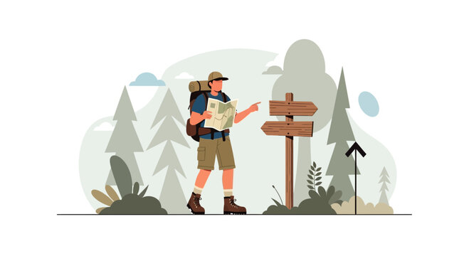 Traveler reading a map to find direction vector illustration in flat style