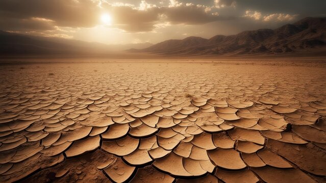 Golden Sun Illuminates a Vast, Desolate Expanse of Cracked Earth. - Powered by Adobe