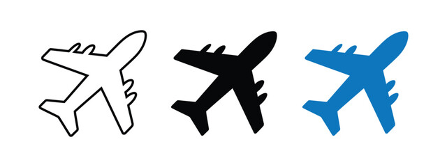 Three airplane icons in different styles isolated on transparent background