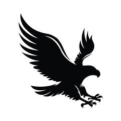 Black and white eagle silhouette with spread wings and sharp claws. Powerful bird logo, tattoo, mascot, and freedom symbol design