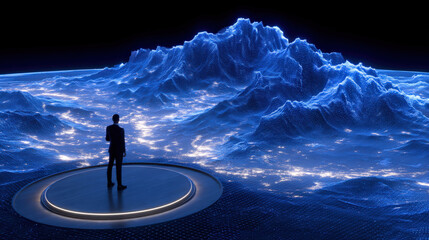 Person stands circular platform, gazing stunning abstract landscape illuminated by vibrant blue lights. scene features mountainous terrain with intricate textures, creating immersive experience