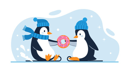 Naklejka premium Two Cute Penguin Characters Enjoying a Donut Together in a Winter Wonderland Scene