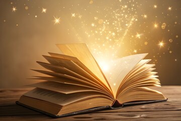 Open antique book emitting magical golden light and sparkles on wooden table