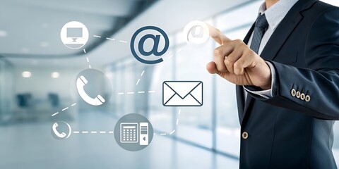 Businessman touching a digital interface with various contact icons for communication