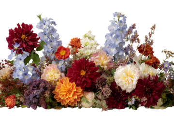 Colorful dahlia, delphinium, and rose bouquet. Perfect for fall weddings or events.