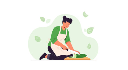Fototapeta premium Woman Chopping Cucumber on Wooden Board, Flat Illustration for Healthy Food and Cooking