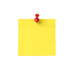 A bright yellow sticky note is pinned to a white surface with a red pushpin, ready for a message