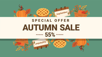 Autumn sale horizontal banner with pumpkin pie and leaves