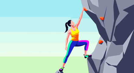 Woman climbing a rock wall demonstrating the sport of rock climbing in illustration