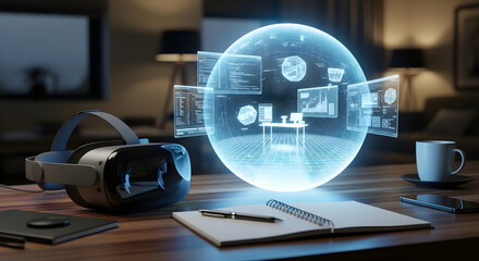 Augmented reality headset and digital metaverse workplace, innovative concept for remote work and virtual collaboration