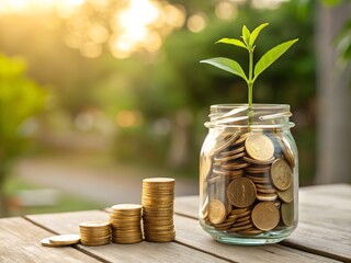 Plant growing from jar filled with coins symbolizing financial growth and investment