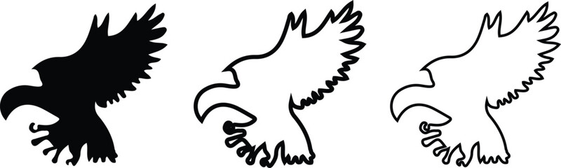 Eagle Silhouettes in Flight Black Fill Outline and Thin Outline Variations