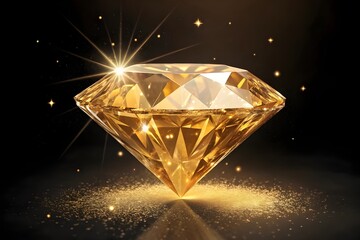 Brilliant yellow diamond sparkling with light and gold dust on a dark background