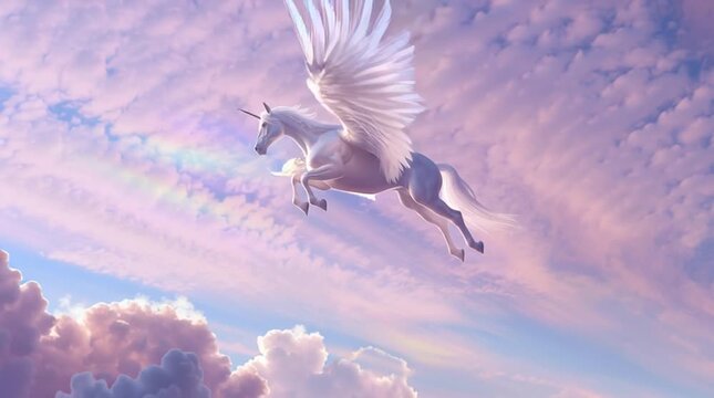 Elegant Pegasus Flying Upward Through a Fantasy Sky