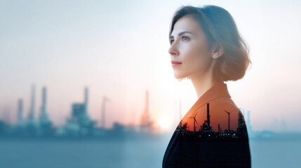 Creative double exposure shot featuring female executive with thoughtful expression, set against industrial background of factories and wind turbines. image conveys sense of ambition