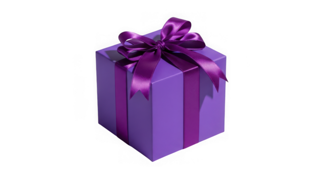 A vibrant purple gift box tied with a satin ribbon and bow, isolated on a transparent background, perfect for celebrations and special occasions - Powered by Adobe