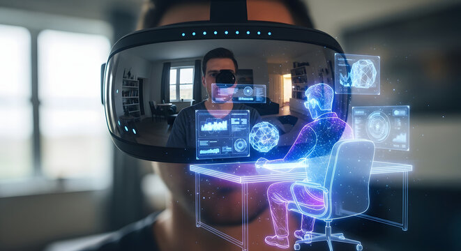 Futuristic Metaverse workplace concept with a person wearing a VR headset to interact with holographic data and a virtual avatar