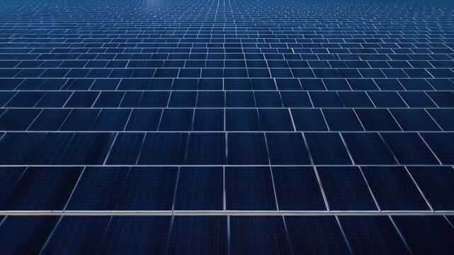 Solar panels creating vast grid, reflecting sunlight across expansive terrain
