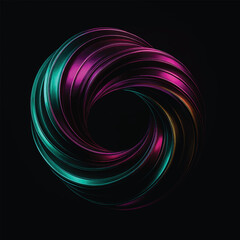 Abstract Swirl of Teal Pink and Gold Bands on a Black Background