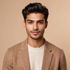 Obraz premium A handsome man with a warm, neutral tone, wearing a light brown cardigan and a cream-colored sweater, presents a serene and stylish portrait.