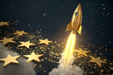 Golden rocket ship launching through stars and nebula with bright fiery exhaust