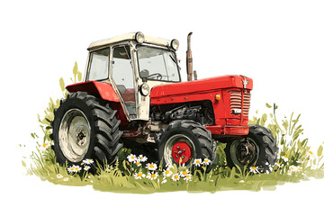 Obraz premium Red and white vintage tractor in a field of daisies.