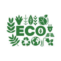 Eco Icon Set with Leaves, Recycle, Globe, Solar Panel, and Energy Symbols – Green Sustainability Design