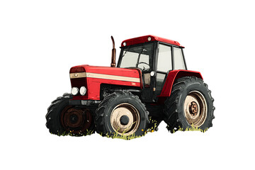 Powerful red farm tractor on green grass. Agriculture, farming concept.