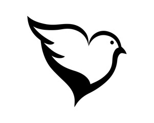 Stylized black silhouette of a dove with a heart-shaped wing symbolizing love peace hope and freedom