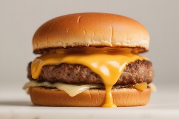 Delicious classic cheeseburger with perfectly melted yellow cheddar cheese dripping down a juicy beef patty on a toasted golden bun.