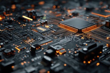 Close-up of a circuit board with a central processor, showcasing intricate circuitry and glowing components