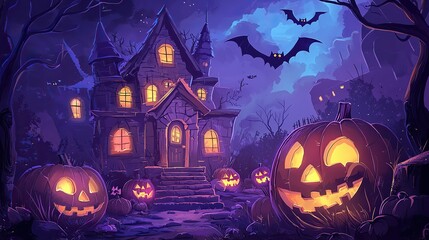Cartoon haunted house with glowing pumpkins and flying bats, bright Halloween illustration