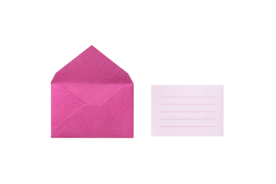 An overhead view of a shocking pink lamé envelope with a pink card with ruled lines