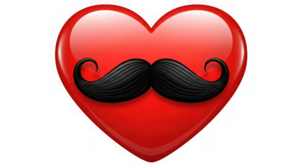 A glossy red heart emoji with a black mustache, isolated on transparent background