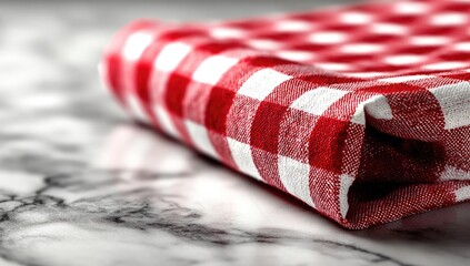 Folded red and white checkered tablecloth on marble