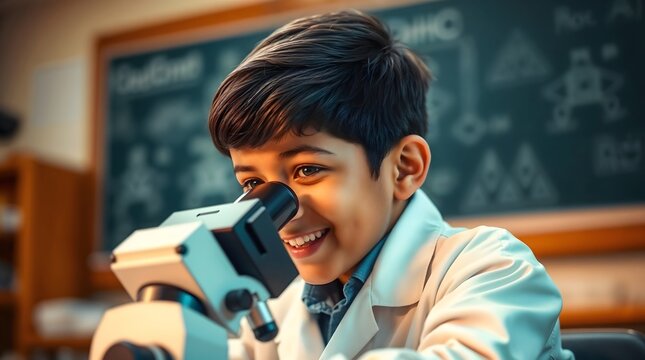 Indian schoolboy scientist looking through microscope in classroom science lab, joyful child close-up - Powered by Adobe