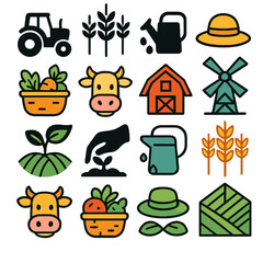 This vibrant collection of farming and agriculture icons beautifully illustrates various aspects of rural life, from cultivation to livestock and essential tools.