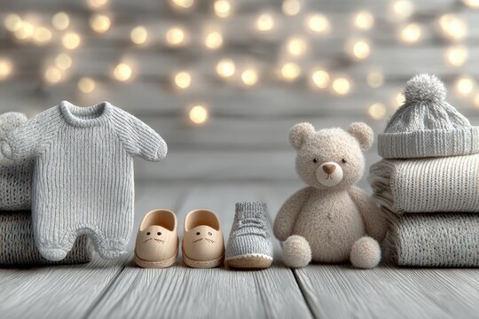 Adorable baby clothes, a teddy bear, and shoes on a wooden surface with bokeh lights.