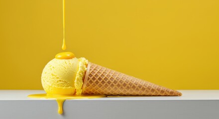 Melted Yellow Ice Cream Scoops in a Waffle Cone