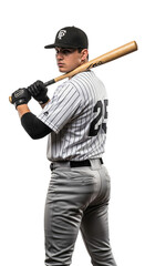 Portrait of a young athletic baseball player in a pinstripe uniform, holding a wooden bat over his shoulder and looking at the camera, isolated on a white background