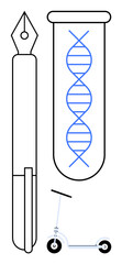 Fountain pen, test tube with DNA helix, and scooter symbolizing creativity, science, and transportation. Ideal for innovation, research, education technology biotech mobility minimalism. A simple