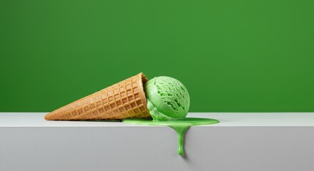 Simple and Colorful Studio Shot of a Melting Pistachio or Mint Ice Cream Cone