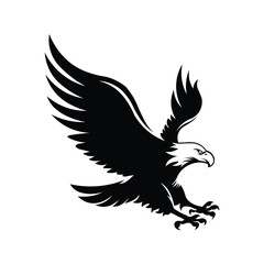Black and white eagle silhouette with spread wings and sharp claws. Powerful bird logo, tattoo, mascot, and freedom symbol design