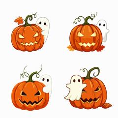 Four charming cartoon illustrations depict mischievous ghosts peeking from behind grinning jack-o'-lanterns, perfect for festive Halloween designs and autumn celebrations.